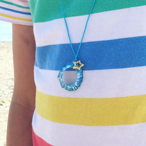 Hand Painted Limpet Necklace in Aqua with Brass Hoop and Cubic Zirconia Turtle