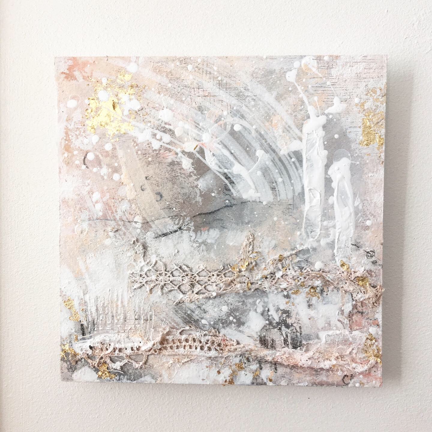 Alternate reality abstract painting pink grey gold 20cm x 20cm