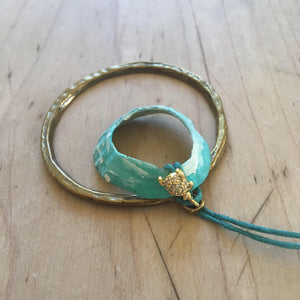 Hand Painted Limpet Necklace in Aqua with Brass Hoop and Cubic Zirconia Turtle