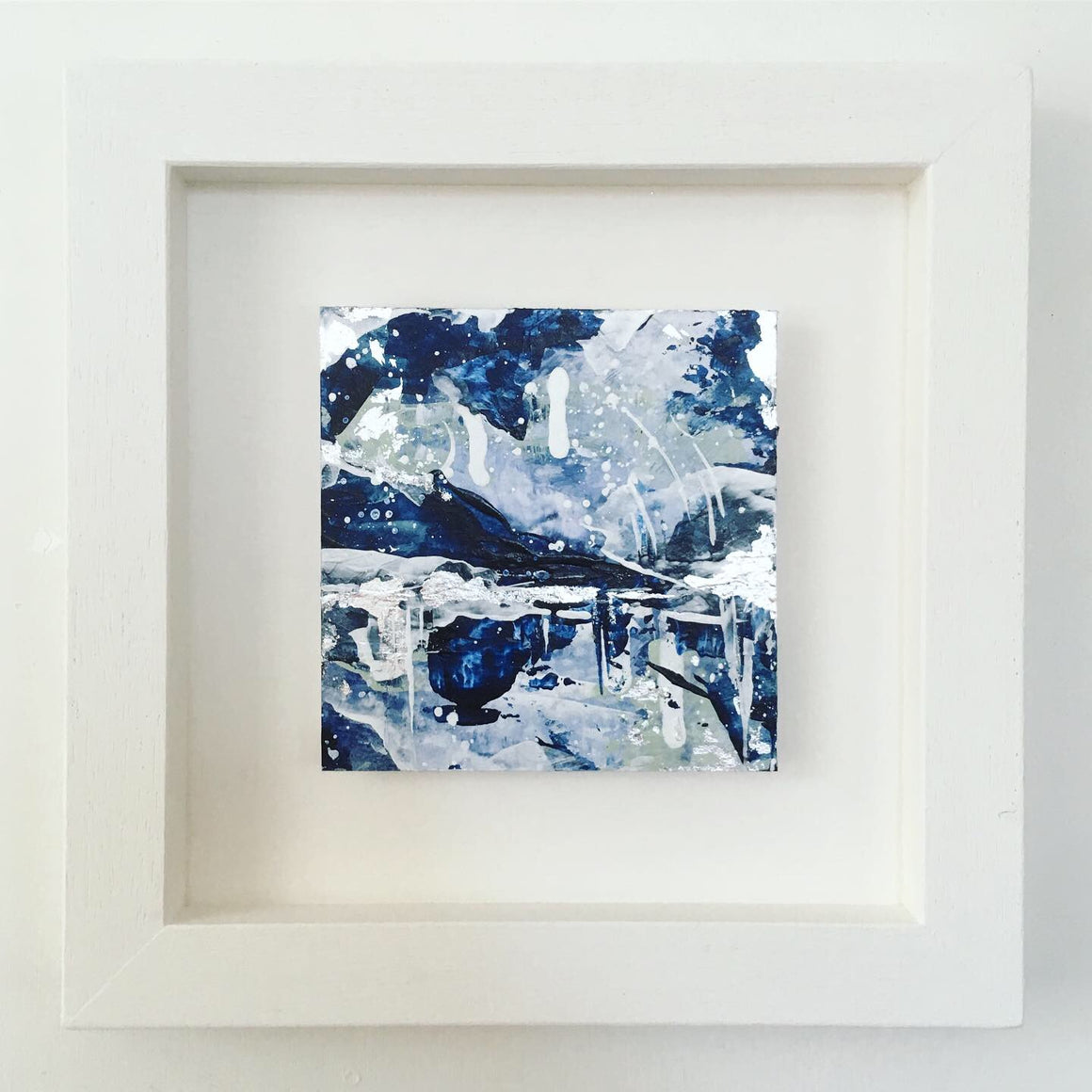 Distant Shores 2 framed abstract painting blue silver  20cm x 20cm