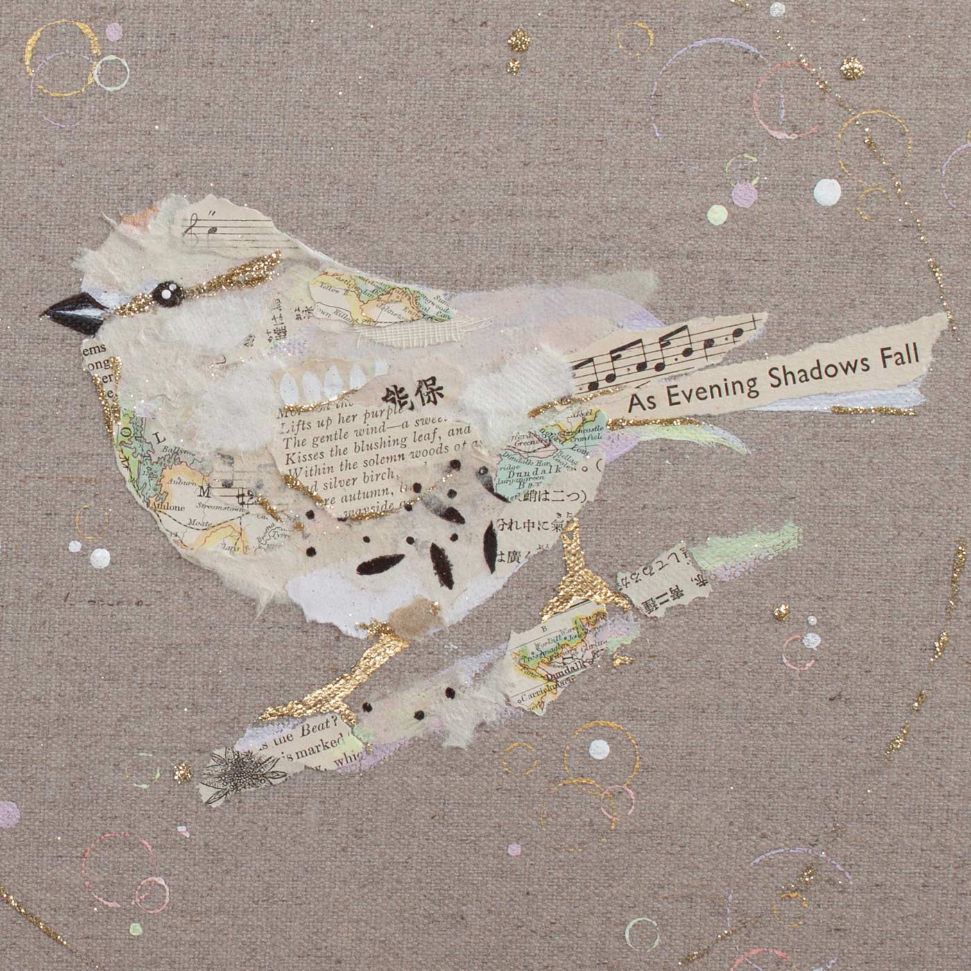 Albert Ephemera Bird Painting on Raw Linen Canvas