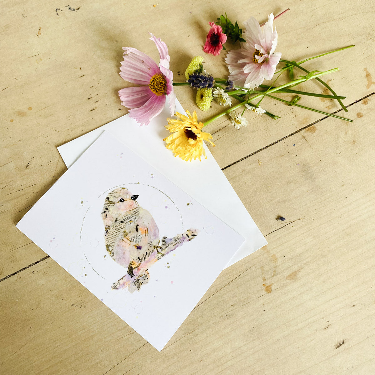 Greetings Card Peach Lilac Bird Poppy