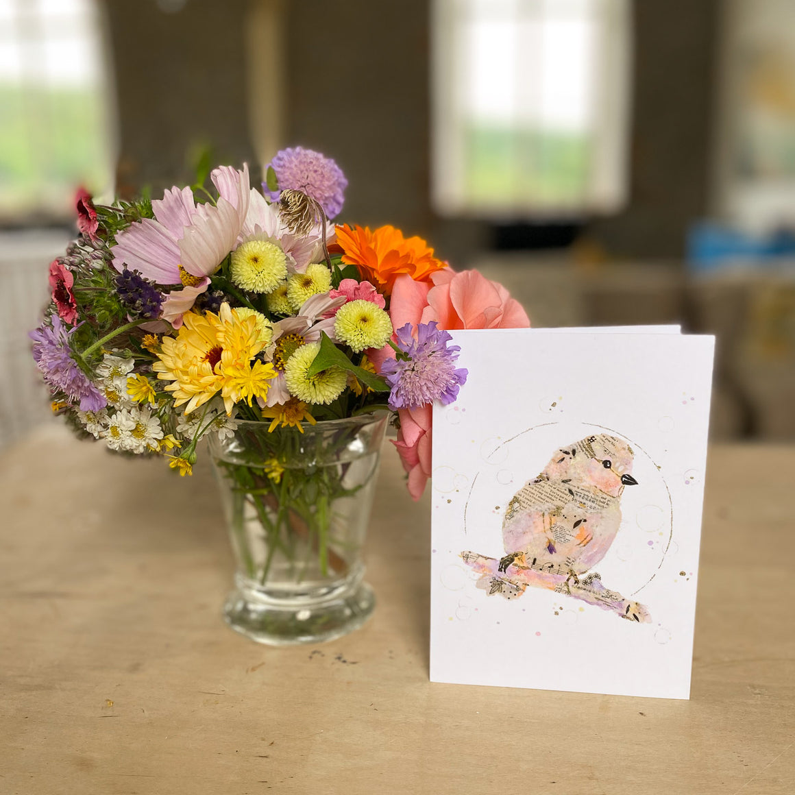 Greetings Card Peach Lilac Bird Poppy