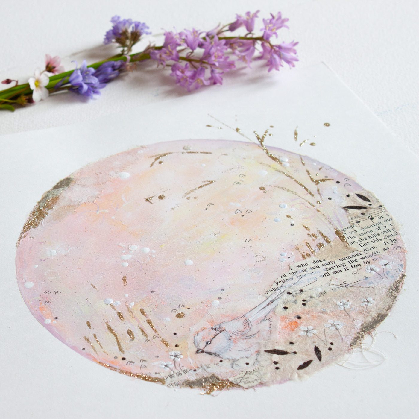 Burning softly for you | Vintage Ephemera Moon Painting on A3 Watercolour