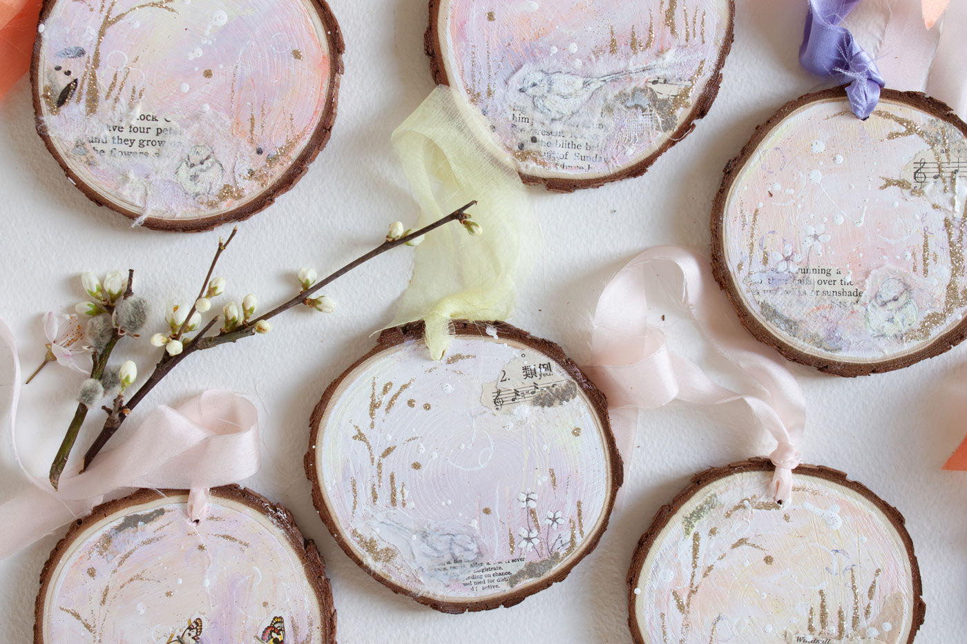 Church Song Dreamscape Hanging Mini Painting on Rustic Wooden Slice