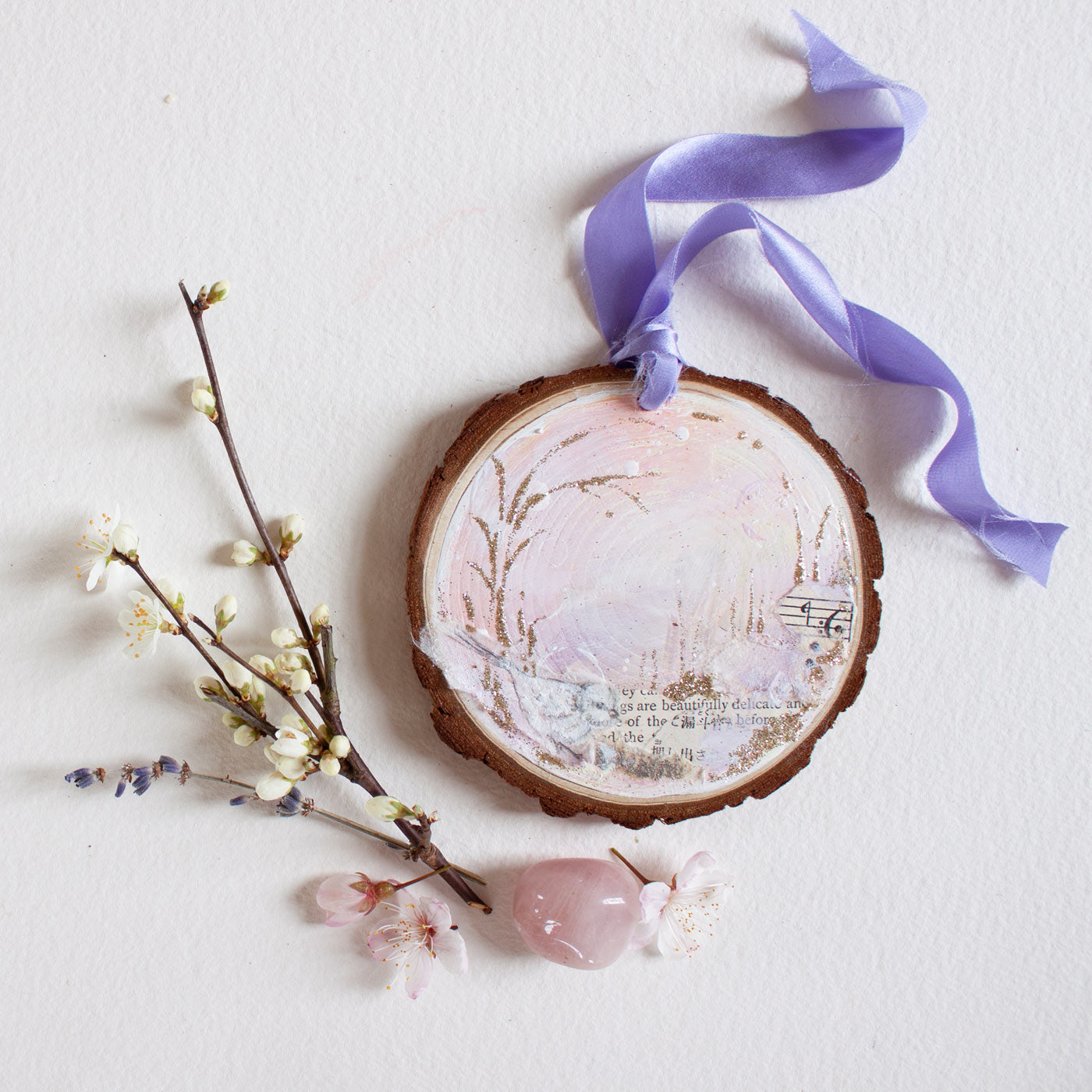 Beautifully Delicate Dreamscape Hanging Mini Painting on Rustic Wooden Slice