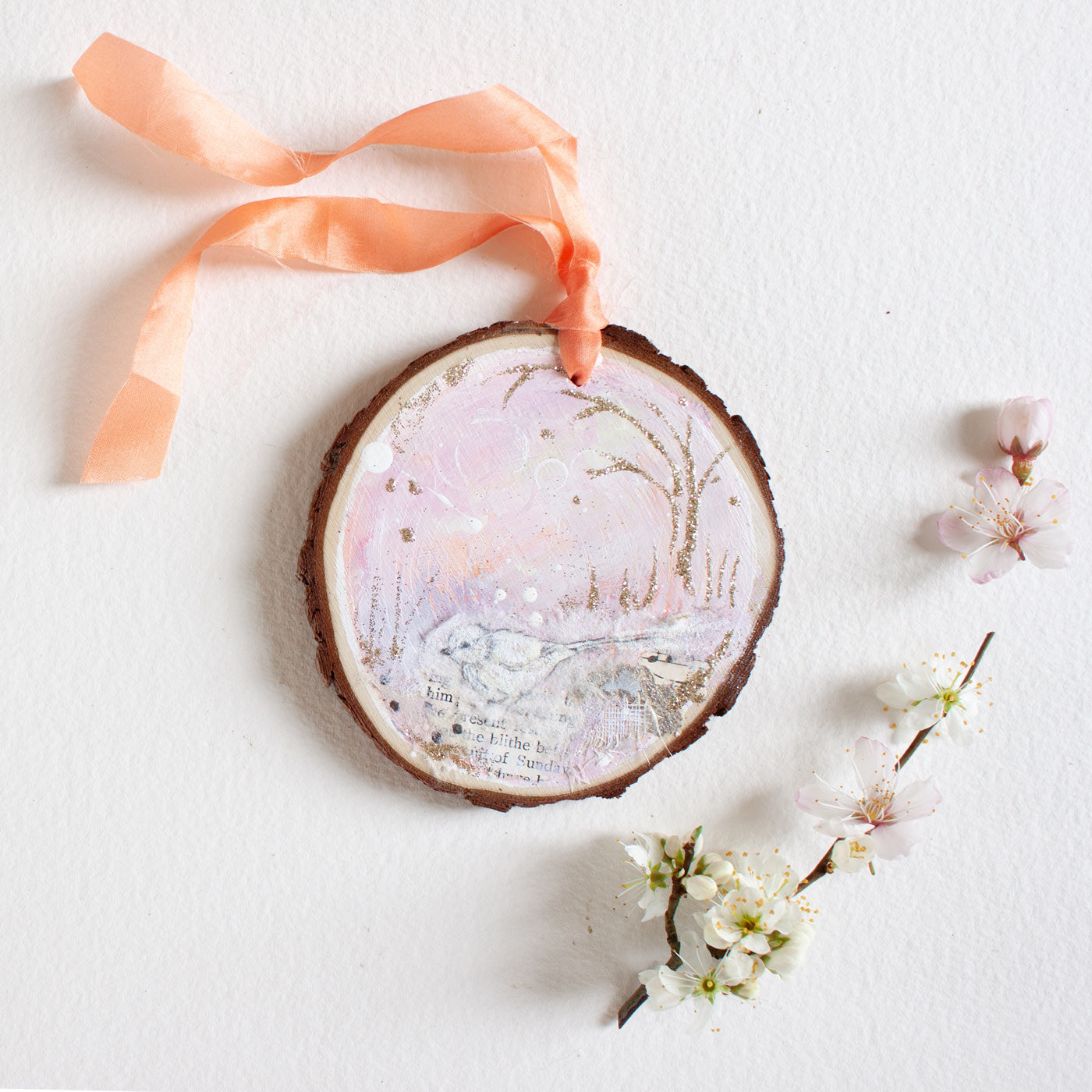 Carefree Songbird Dreamscape Hanging Mini Painting on Rustic Wooden Slice