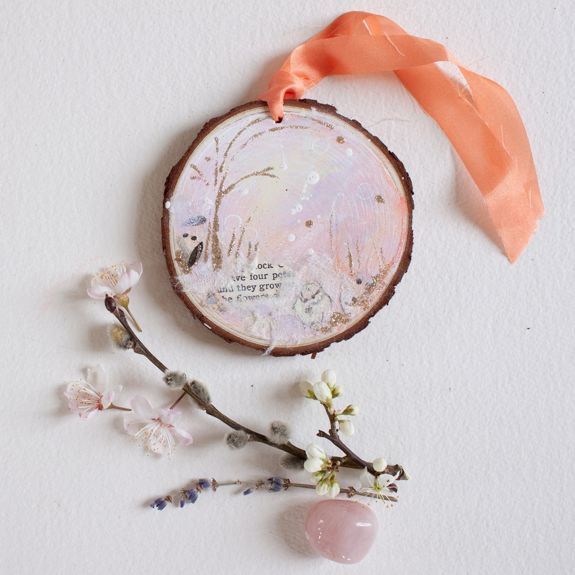 Little Petal Dreamscape Hanging Mini Painting on Rustic Wooden Slice