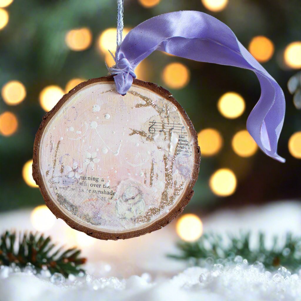 Sunshade Dreamscape Hanging Mini Painting on Rustic Wooden Slice