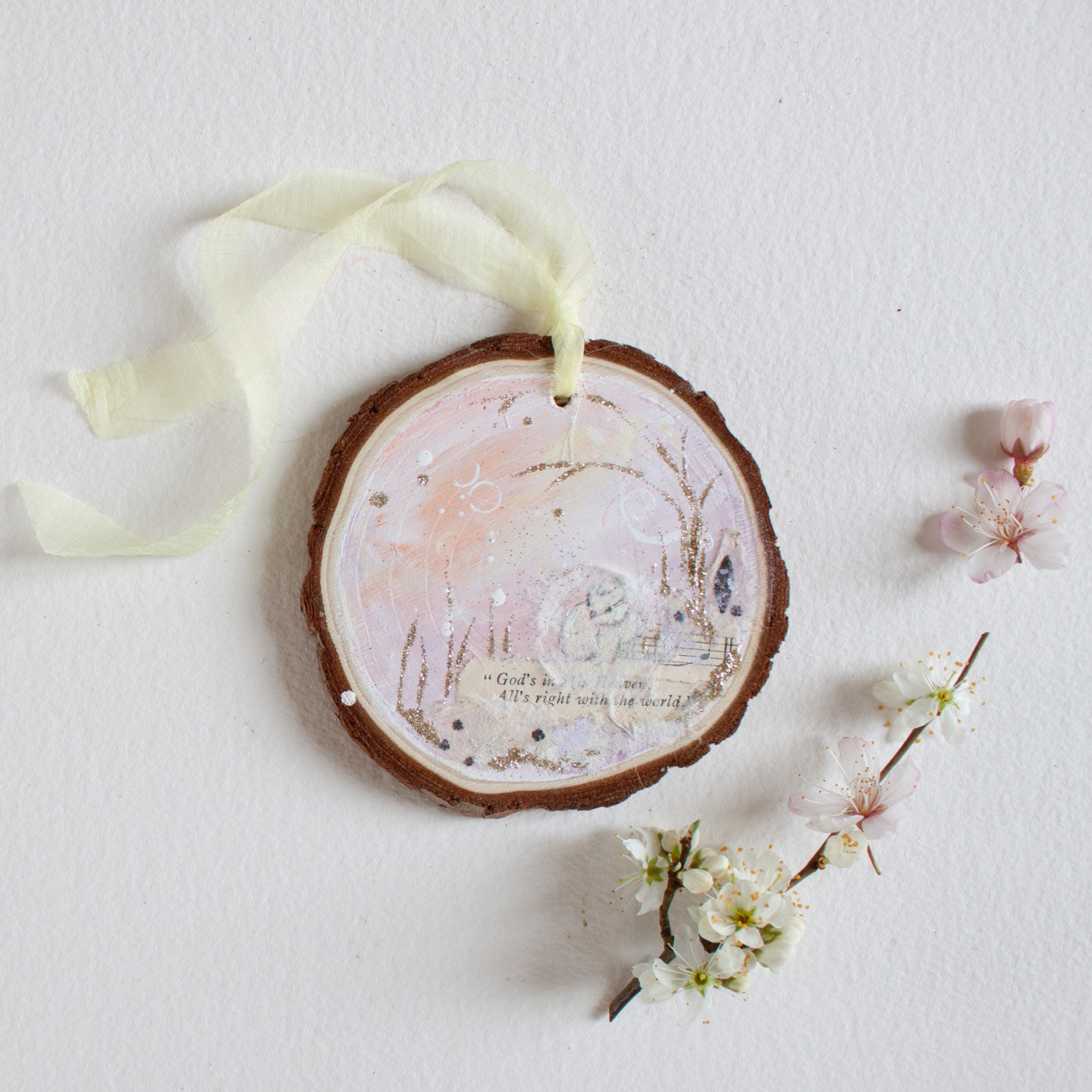 Heavenly Dreamscape Hanging Mini Painting on Rustic Wooden Slice