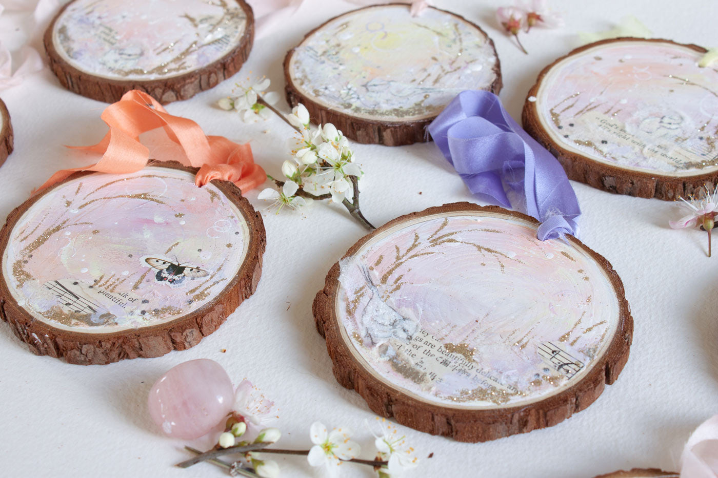 Sunshade Dreamscape Hanging Mini Painting on Rustic Wooden Slice