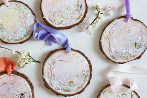 Beautifully Delicate Dreamscape Hanging Mini Painting on Rustic Wooden Slice