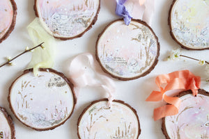 Heavenly Dreamscape Hanging Mini Painting on Rustic Wooden Slice