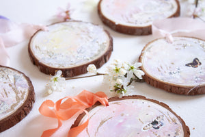 Enchanted Spring Dreamscape Hanging Mini Painting on Rustic Wooden Slice