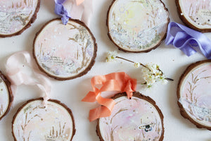 Beautifully Delicate Dreamscape Hanging Mini Painting on Rustic Wooden Slice