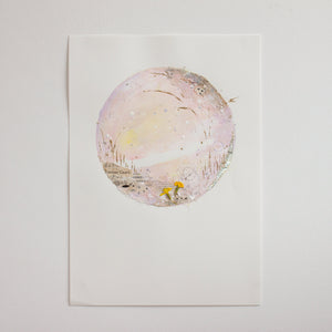 Drifting love note | Vintage Ephemera Moon Painting on A3 Watercolour