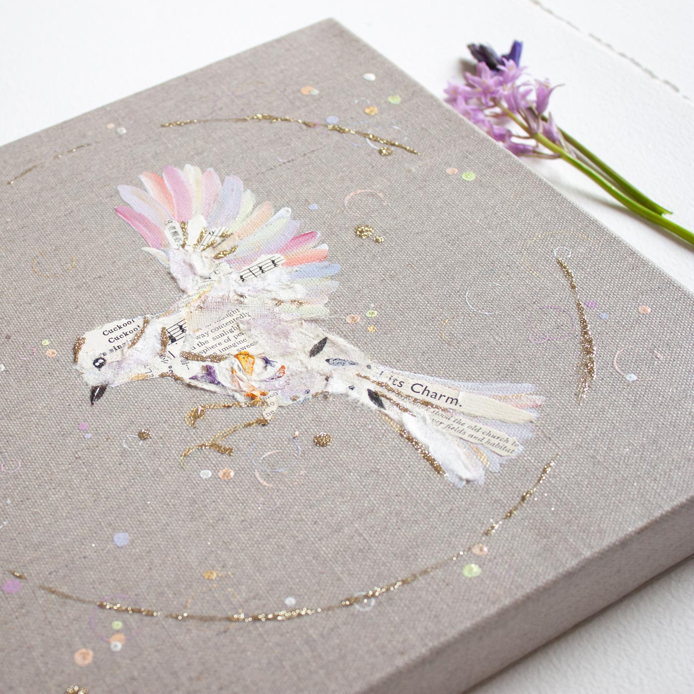 Esmé Ephemera Bird Painting on Raw Linen Canvas