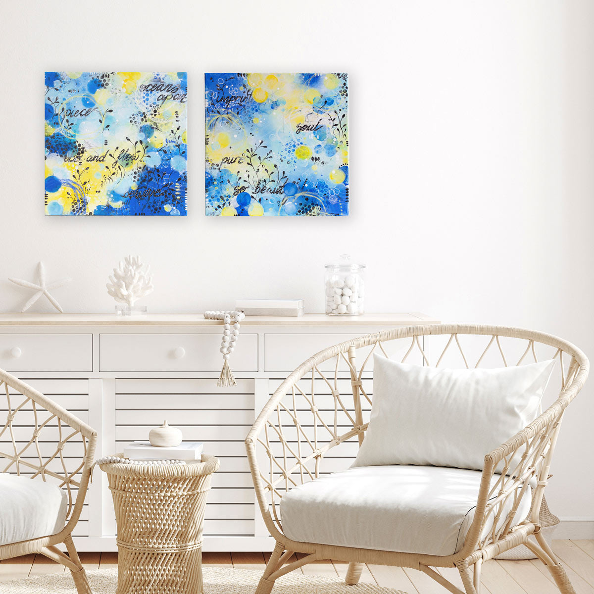 Imprinted on me | Blue Yellow Abstract Sea Painting 40cm
