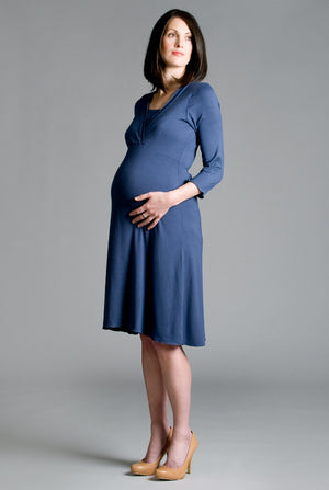 Maternity dress with v neck in slate navy