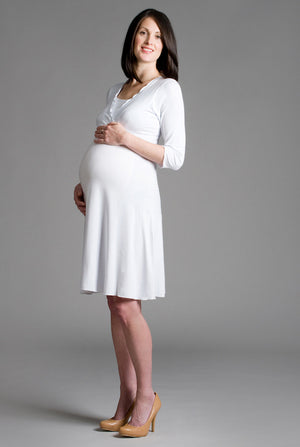 Maternity dress with breastfeeding access in white