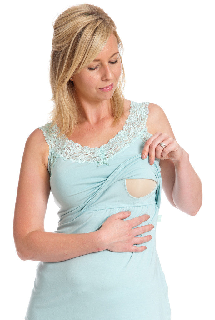 Nursing Vest in Duck Egg Blue showing Breastfeeding Access