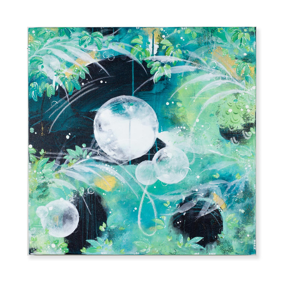 Fireflies and Moondrops | Green blue rainforest painting 60cm x 60cm