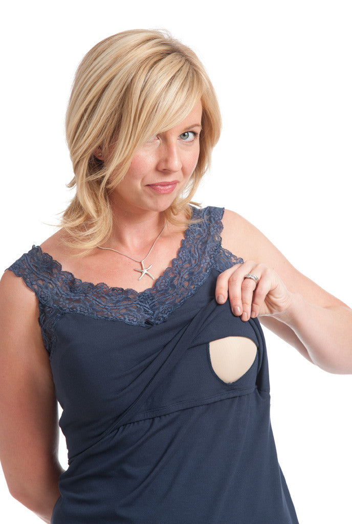 Soft Scoop Breastfeeding Vest Top in Navy showing Nursing Access