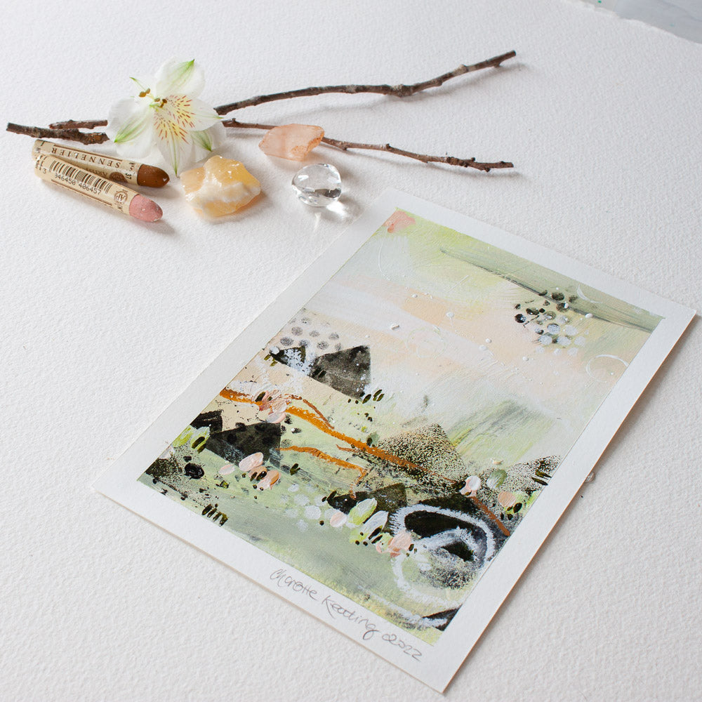 Quiet Courage 15 |Green Pink Landscape Painting | A5 Watercolour Paper