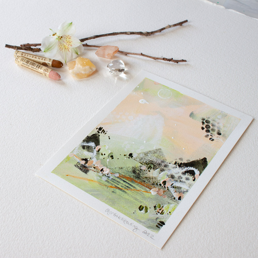 Quiet Courage 17 |Green Pink Landscape Painting | A5 Watercolour Paper