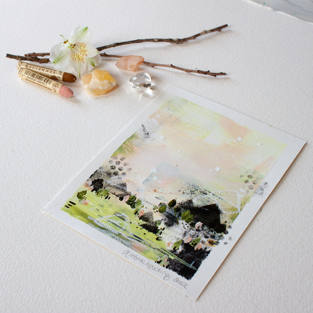 Quiet Courage 18 |Green Pink Landscape Painting | A5 Watercolour Paper
