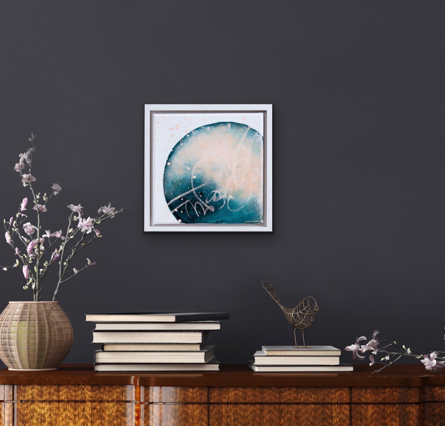 Rebirth | moon painting in petrol green blue peach