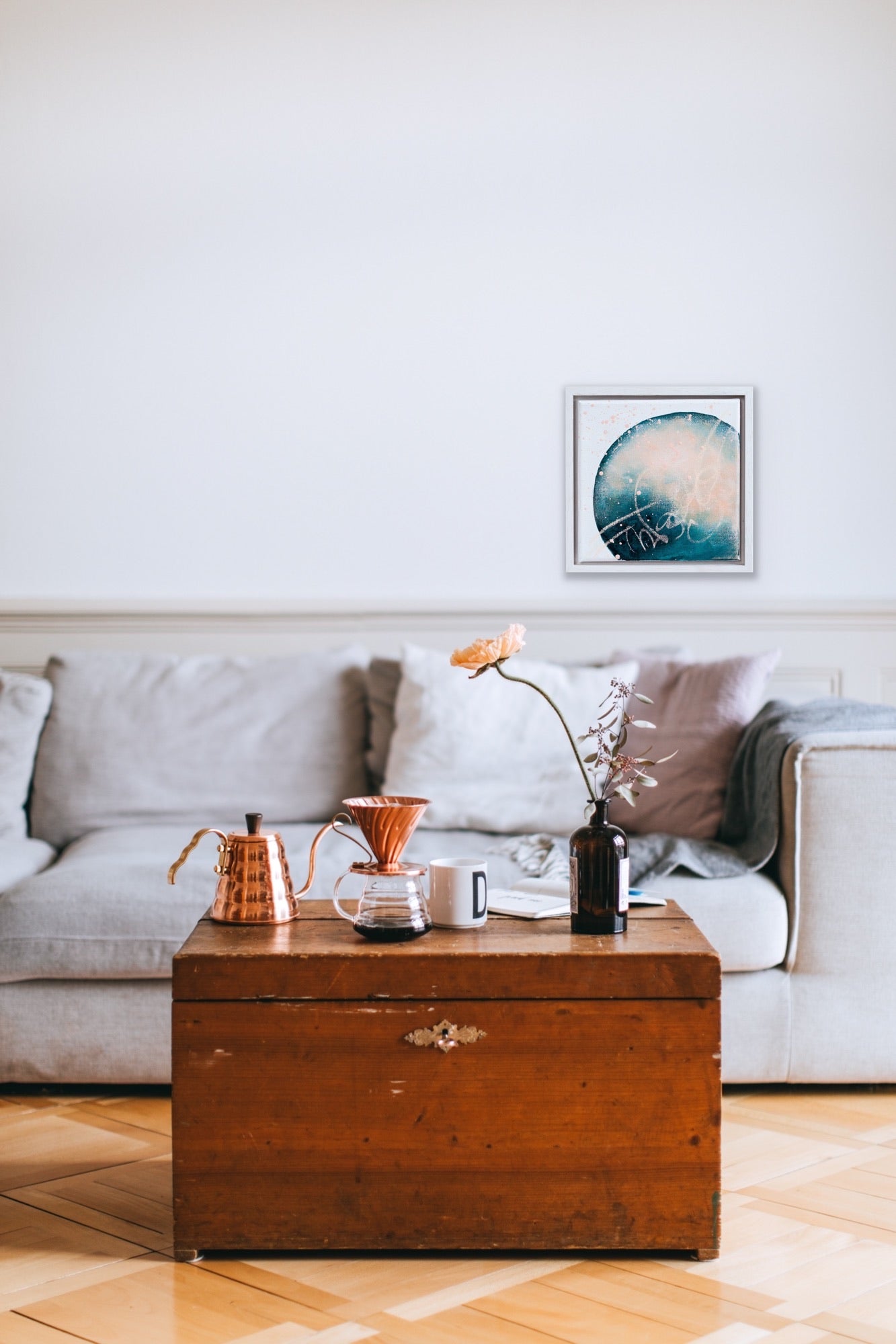 Rebirth | moon painting in petrol green blue peach